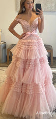 Elegant Pink  Off Shoulder A-line Long Tulle Prom Dress with Bow Detailing, Evening Dress,PD37763
