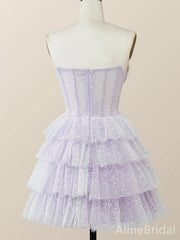 Elegant Purple Strapless A-line Short Mini Layered Tulle Homecoming Dress, HD32680