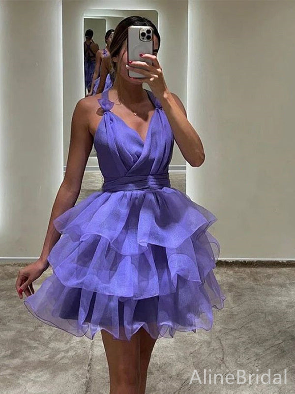 Elegant  Purple V-neck Halter A-line Short Layered Tulle Homecoming Dress, HD32682