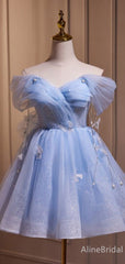 Elegant Pale Blue V-neck Off-Shoulder A-line Short Mini Homecoming Dress, HD32701