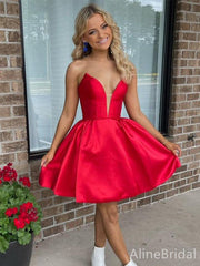 Sexy Red V-neck Strapless A-line Short Homecoming Dress, HD32793
