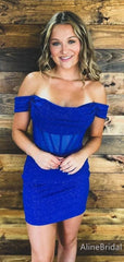 Sparkly Royal Blue Off the Shoulder Tight Short Homecoming Dress, HD327982