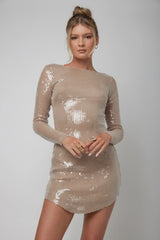 Karma Long Sleeve Keyhole Back Sequin Dress Nude