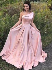 Simple One Shoulder  Blush Pink A-line Long Prom Dress, Evening Dress, PD00161
