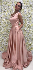 Simple One Shoulder  Blush Pink A-line Long Prom Dress, Evening Dress, PD00161