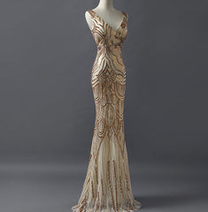 Fashion Charming Sparkly Golden Sequins Mermaid V-neck Formal Evening Party  Prom Dresses,PD00026