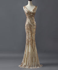 Fashion Charming Sparkly Golden Sequins Mermaid V-neck Formal Evening Party  Prom Dresses,PD00026