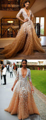 Gorgeous Nude Tulle Applique Long Sleeve Formal Prom Dresses,PD00143