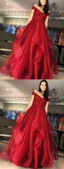 Off Shoulder Sparkly Red Sequin Tulle Ruffles Ball Gown Prom Dresses.PD00261