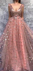 Sparkly Peach Pink Star Sequins A-line Tulle Prom Dress, PD00287