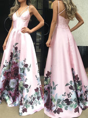 Unique Floral Prints Spaghetti Strap  Pink Satin A-line Long Prom Dress, Evening Gown, PD00272
