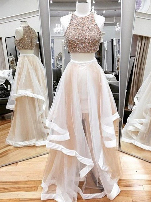 Two Pieces Beaded Unique Light Pink Charming Vintage Formal Evening Prom Dresses. AB0305