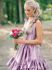 Purple Square Ruffles A-line Short Homecoming Dress with Tie Shoulder, HC382289