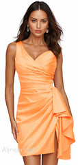 Elegant Orange One Shoulder Pleated Ruffles Short Homecoming Dress with Slit, PD382256