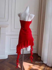 Sexy  Spaghetti Straps Rufflles Asymmetrical Streamers A-line Red Chiffon Mini Homecoming Dress, PD382259